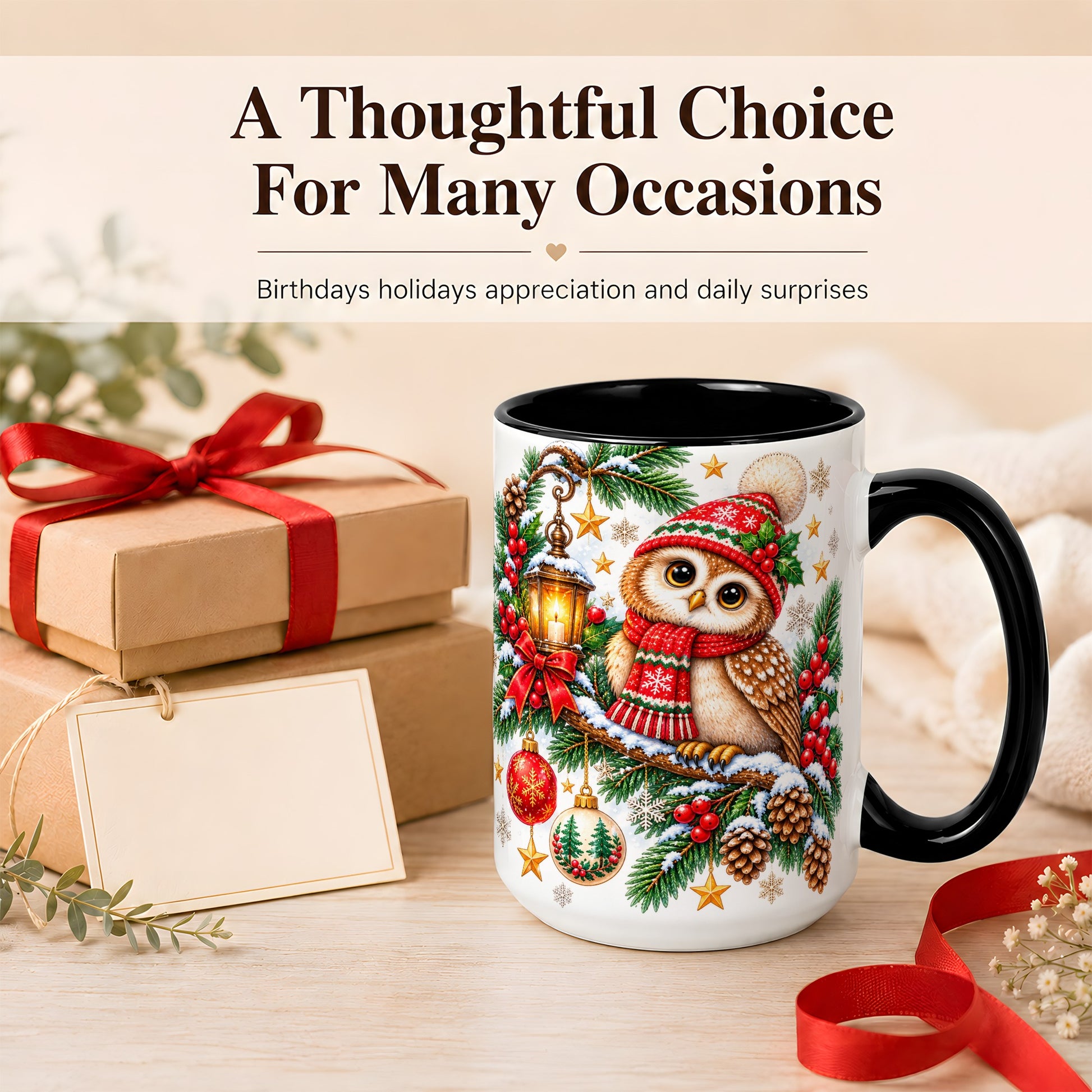 #pl[15oz|Black] Cozy Christmas Owl Coffee Mug, Lantern Owl Mug, Ceramic Cup