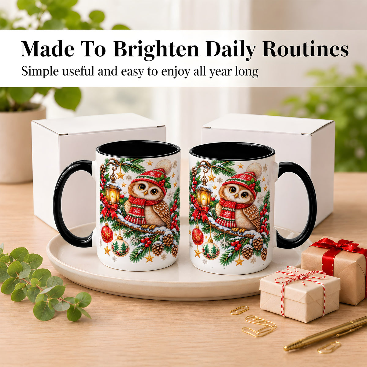 #pl[15oz|Black] Cozy Christmas Owl Coffee Mug, Lantern Owl Mug, Ceramic Cup