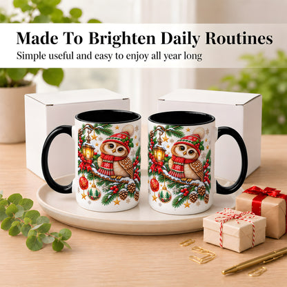 #pl[15oz|Black] Cozy Christmas Owl Coffee Mug, Lantern Owl Mug, Ceramic Cup