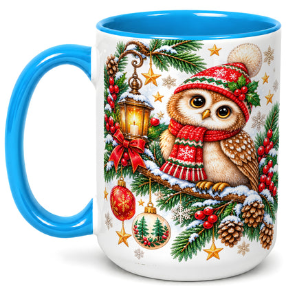 #pl[15oz|Blue] Cozy Christmas Owl Coffee Mug, Lantern Owl Mug, Ceramic Cup