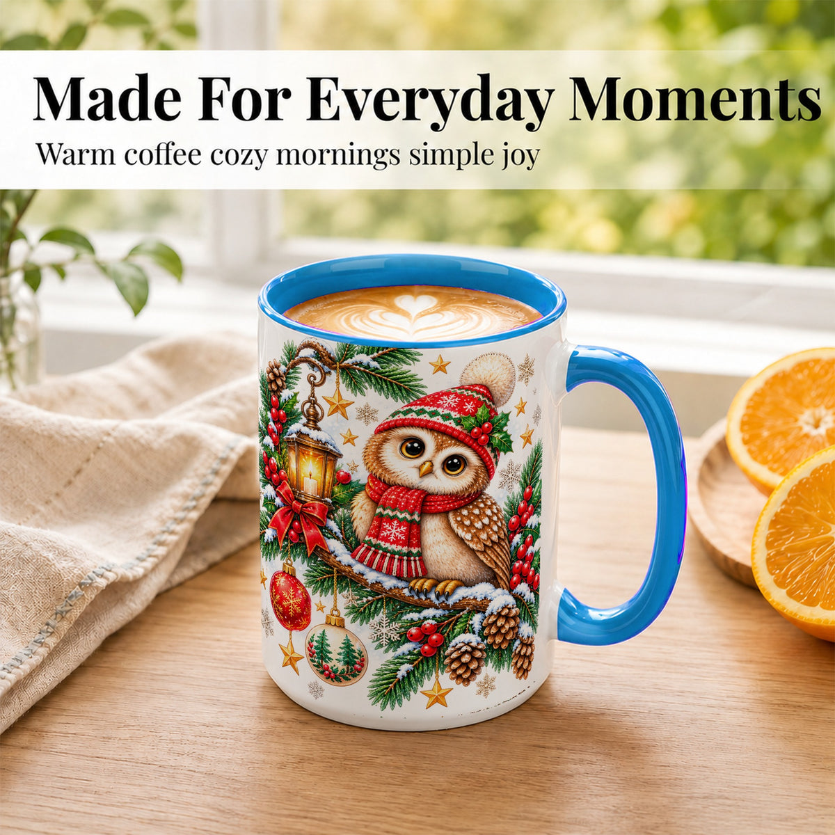 #pl[15oz|Blue] Cozy Christmas Owl Coffee Mug, Lantern Owl Mug, Ceramic Cup