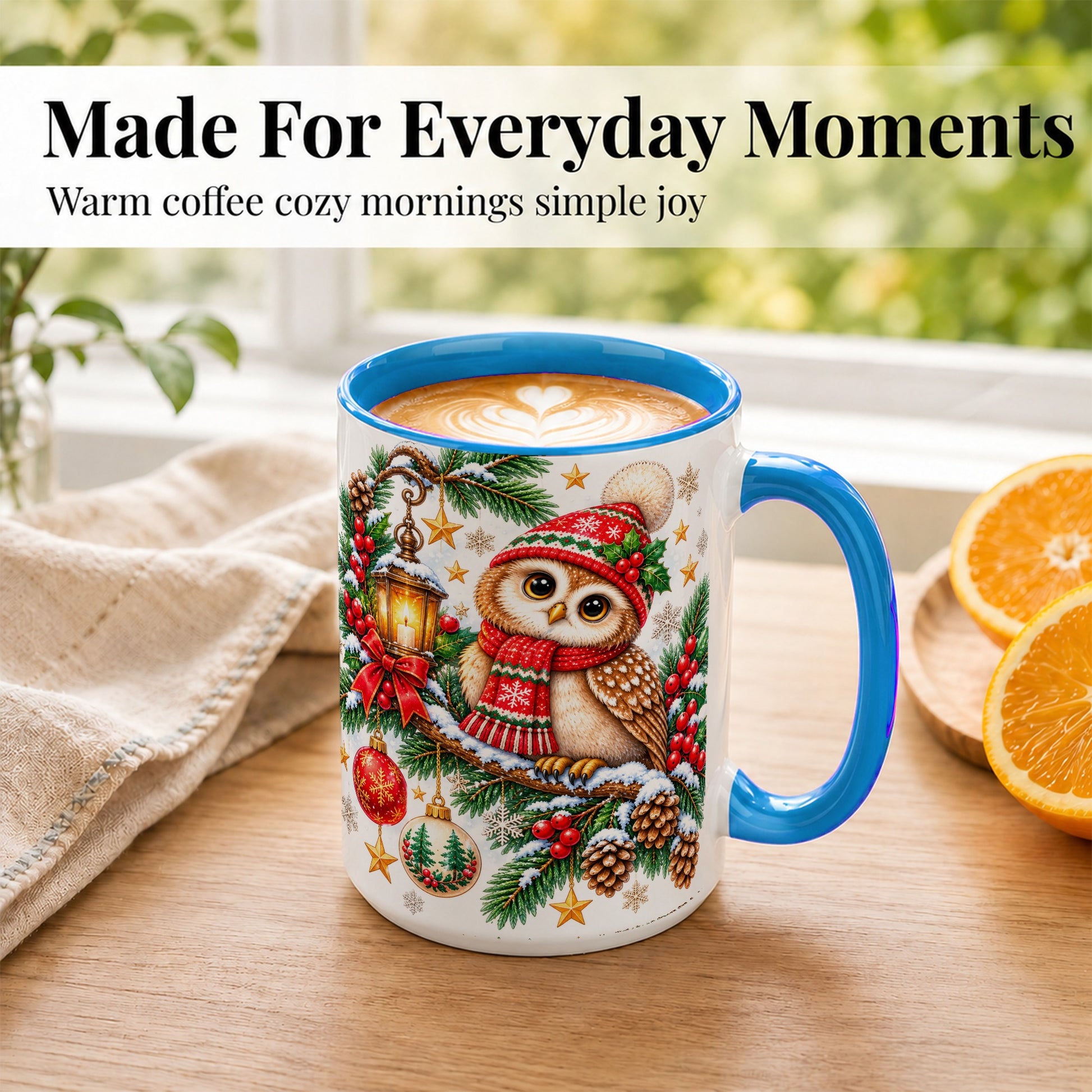 #pl[15oz|Blue] Cozy Christmas Owl Coffee Mug, Lantern Owl Mug, Ceramic Cup