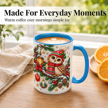 #pl[15oz|Blue] Cozy Christmas Owl Coffee Mug, Lantern Owl Mug, Ceramic Cup