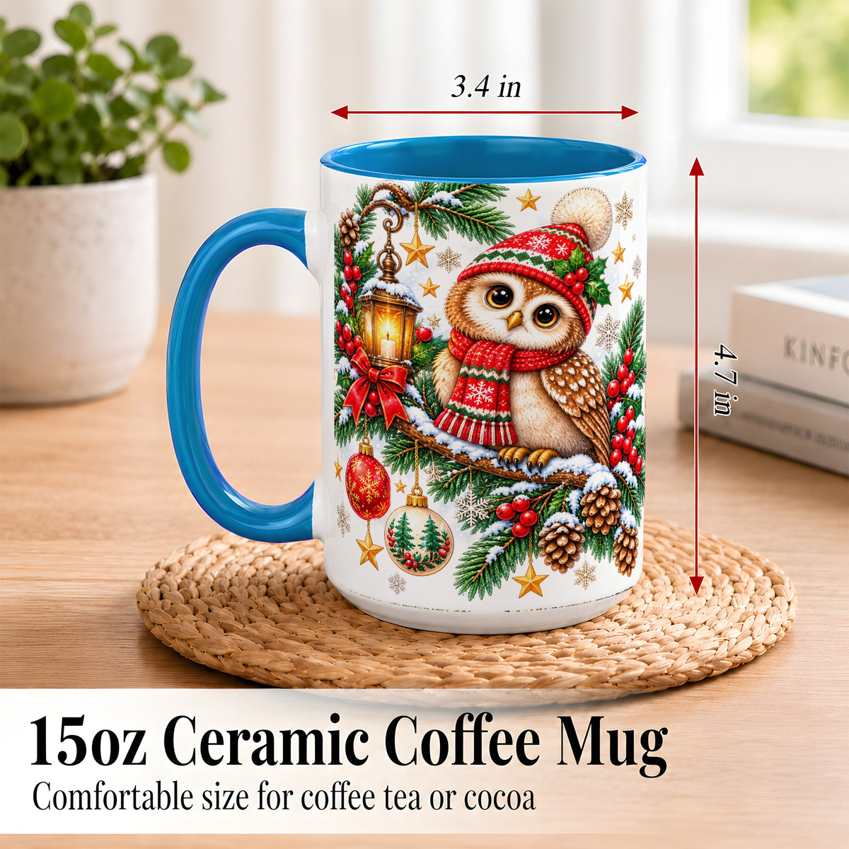 #pl[15oz|Blue] Cozy Christmas Owl Coffee Mug, Lantern Owl Mug, Ceramic Cup