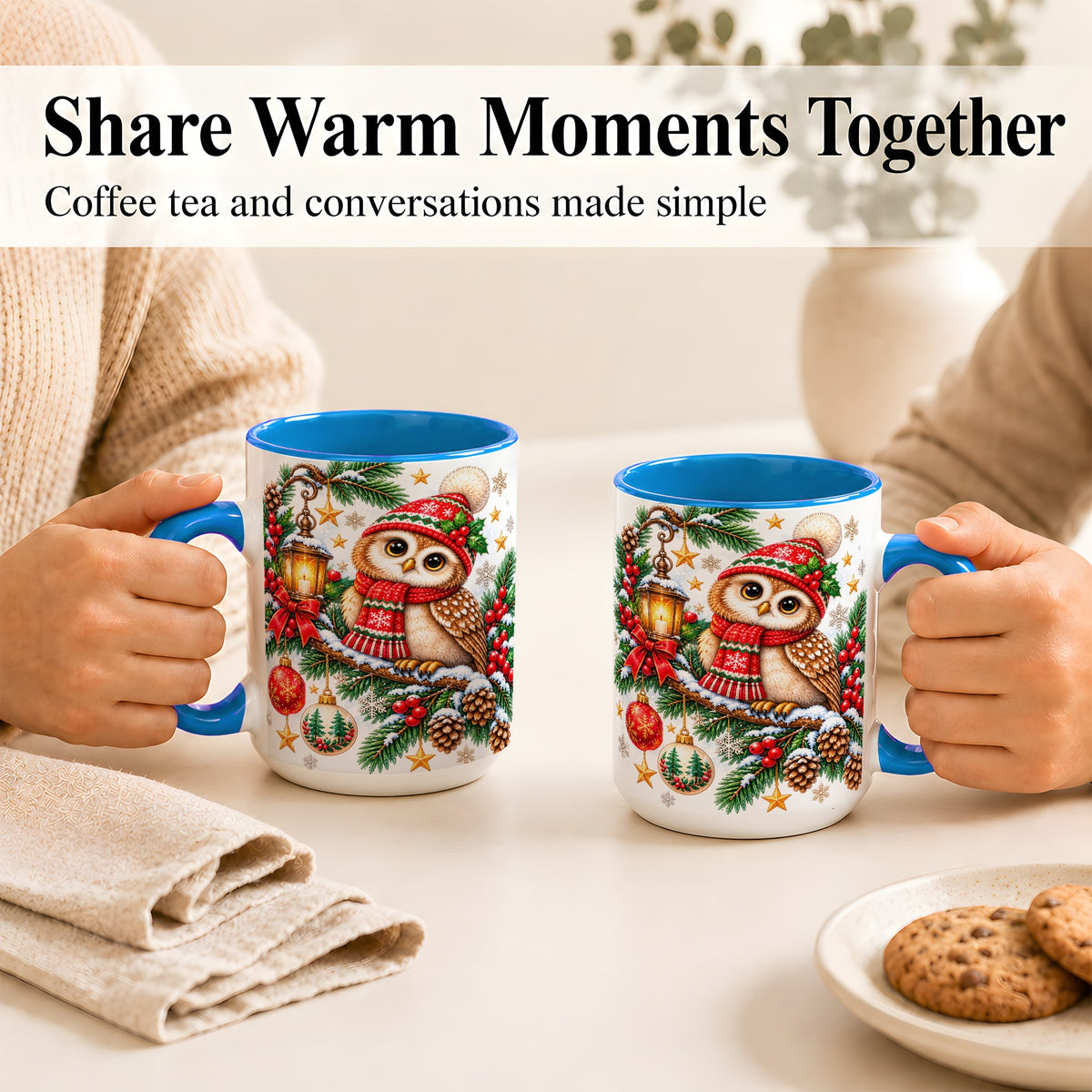 #pl[15oz|Blue] Cozy Christmas Owl Coffee Mug, Lantern Owl Mug, Ceramic Cup