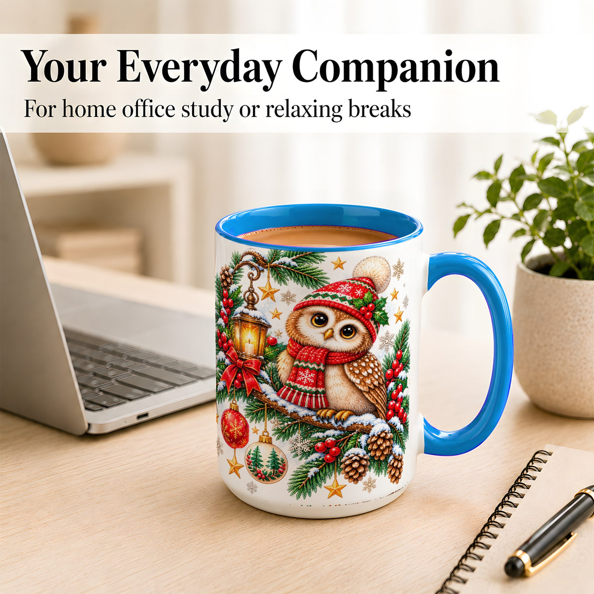 #pl[15oz|Blue] Cozy Christmas Owl Coffee Mug, Lantern Owl Mug, Ceramic Cup