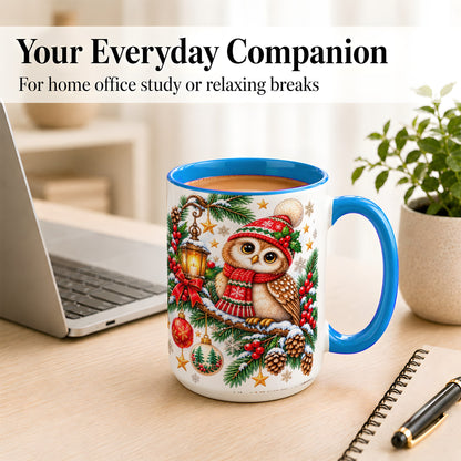 #pl[15oz|Blue] Cozy Christmas Owl Coffee Mug, Lantern Owl Mug, Ceramic Cup