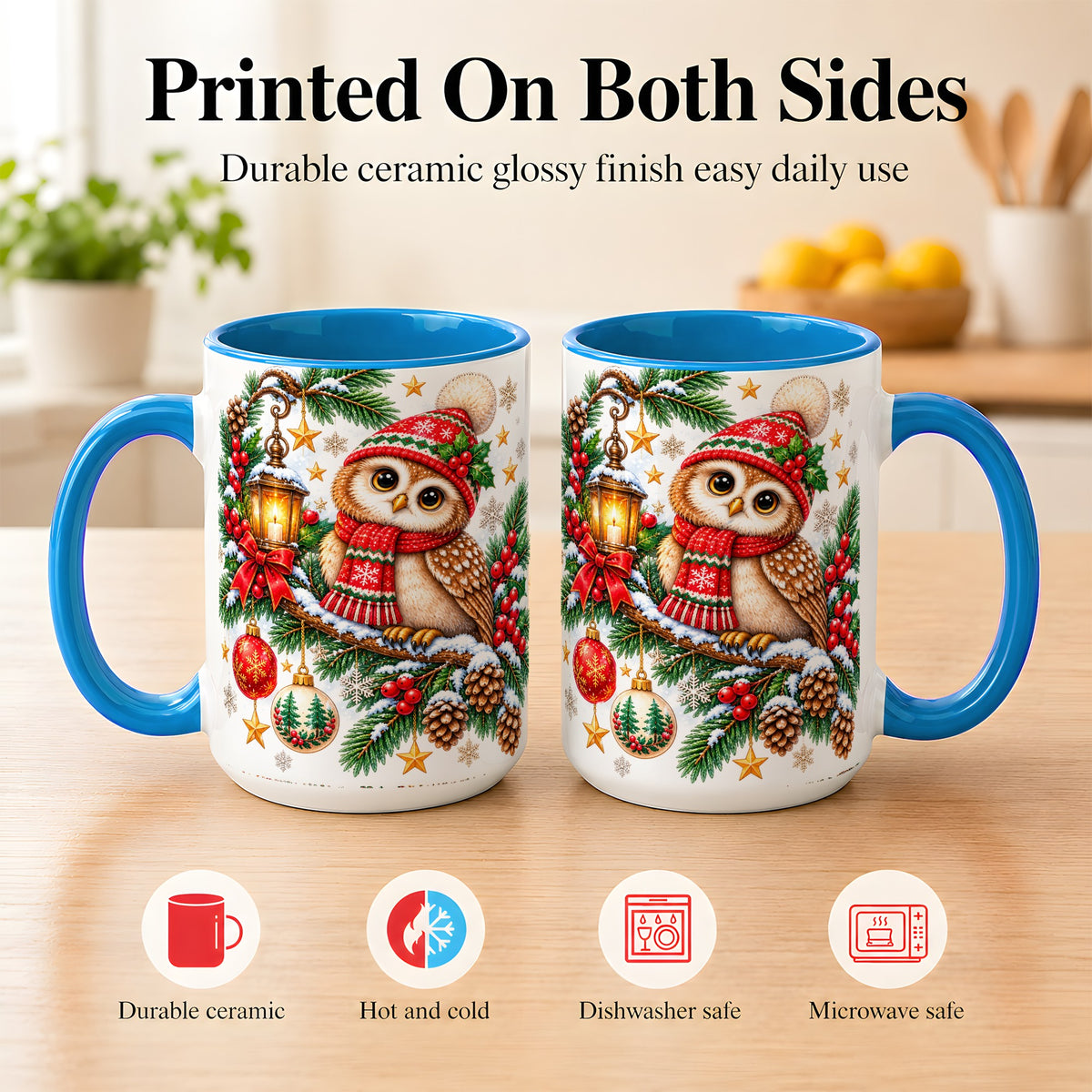 #pl[15oz|Blue] Cozy Christmas Owl Coffee Mug, Lantern Owl Mug, Ceramic Cup