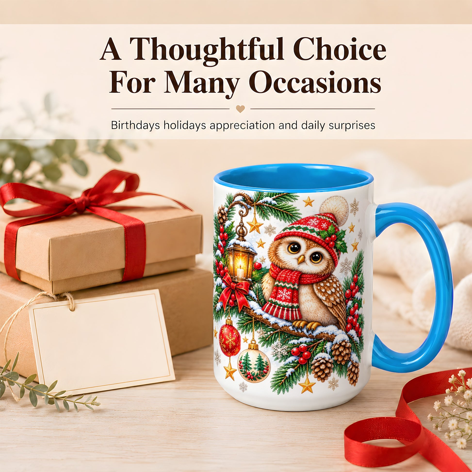 #pl[15oz|Blue] Cozy Christmas Owl Coffee Mug, Lantern Owl Mug, Ceramic Cup