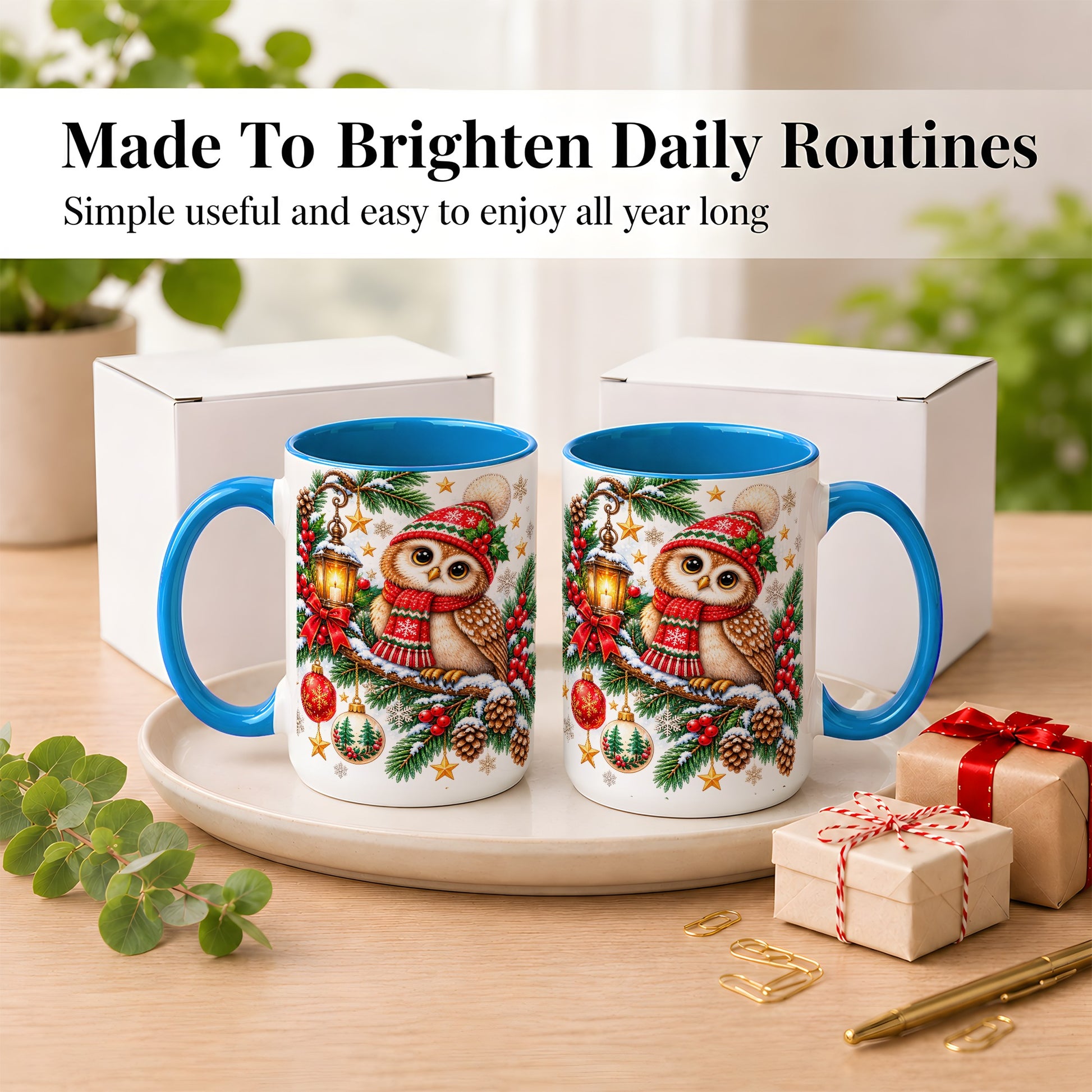 #pl[15oz|Blue] Cozy Christmas Owl Coffee Mug, Lantern Owl Mug, Ceramic Cup
