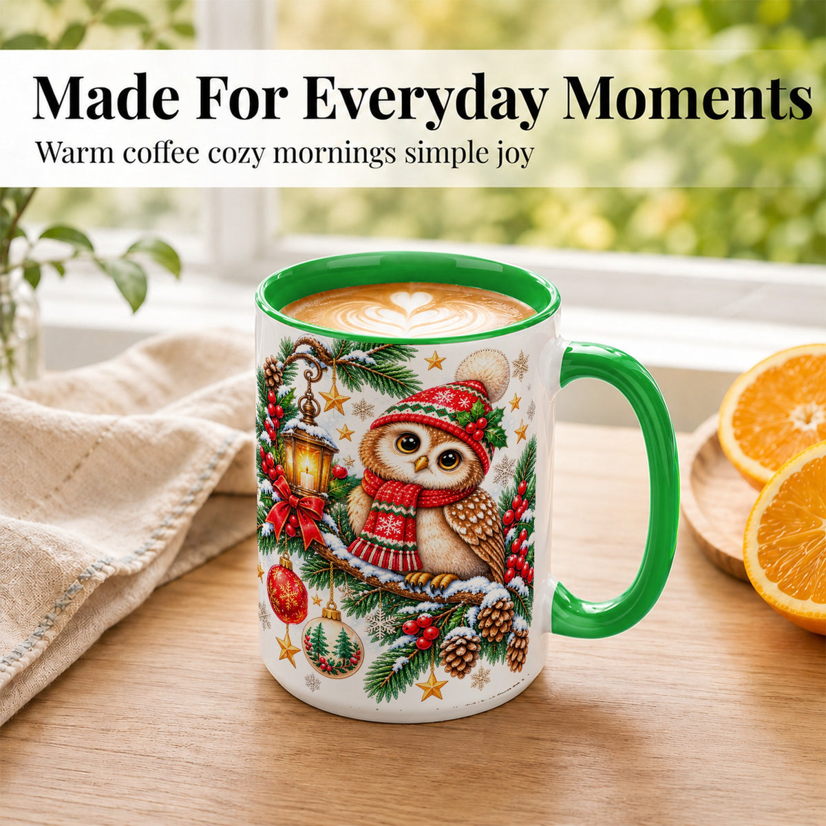 #pl[15oz|Green] Cozy Christmas Owl Coffee Mug, Lantern Owl Mug, Ceramic Cup