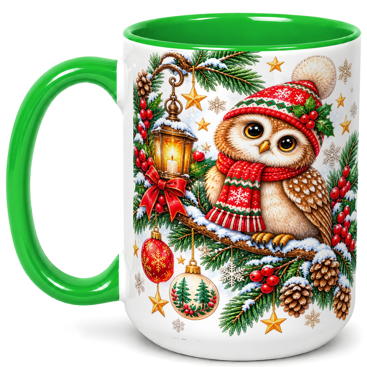 #pl[15oz|Green] Cozy Christmas Owl Coffee Mug, Lantern Owl Mug, Ceramic Cup
