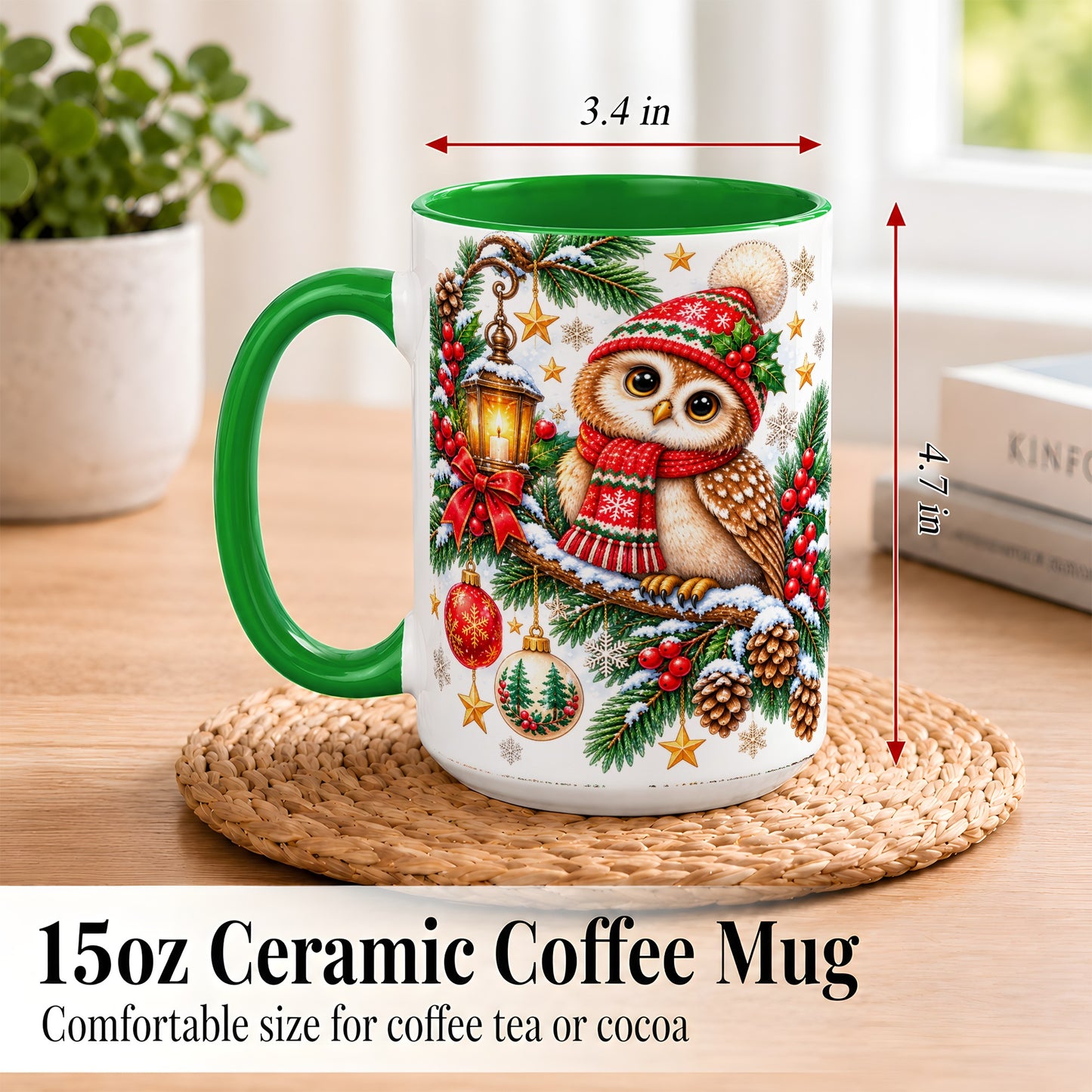 #pl[15oz|Green] Cozy Christmas Owl Coffee Mug, Lantern Owl Mug, Ceramic Cup