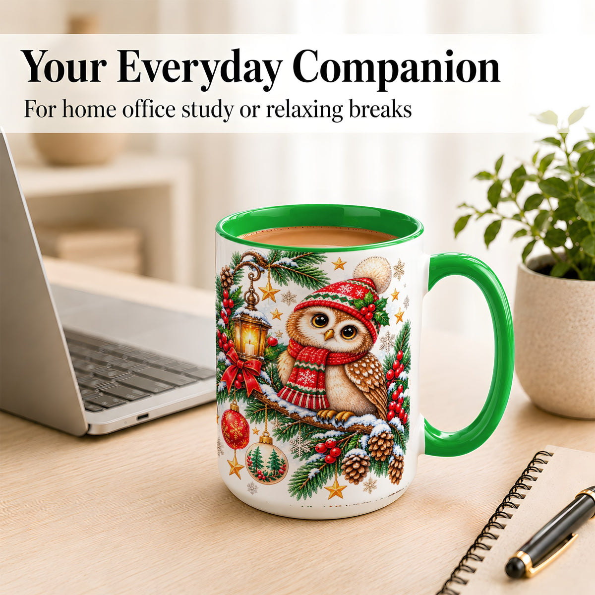 #pl[15oz|Green] Cozy Christmas Owl Coffee Mug, Lantern Owl Mug, Ceramic Cup