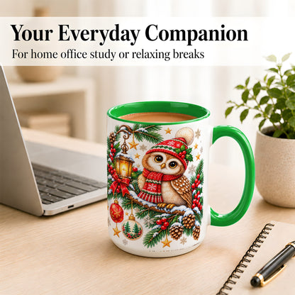#pl[15oz|Green] Cozy Christmas Owl Coffee Mug, Lantern Owl Mug, Ceramic Cup