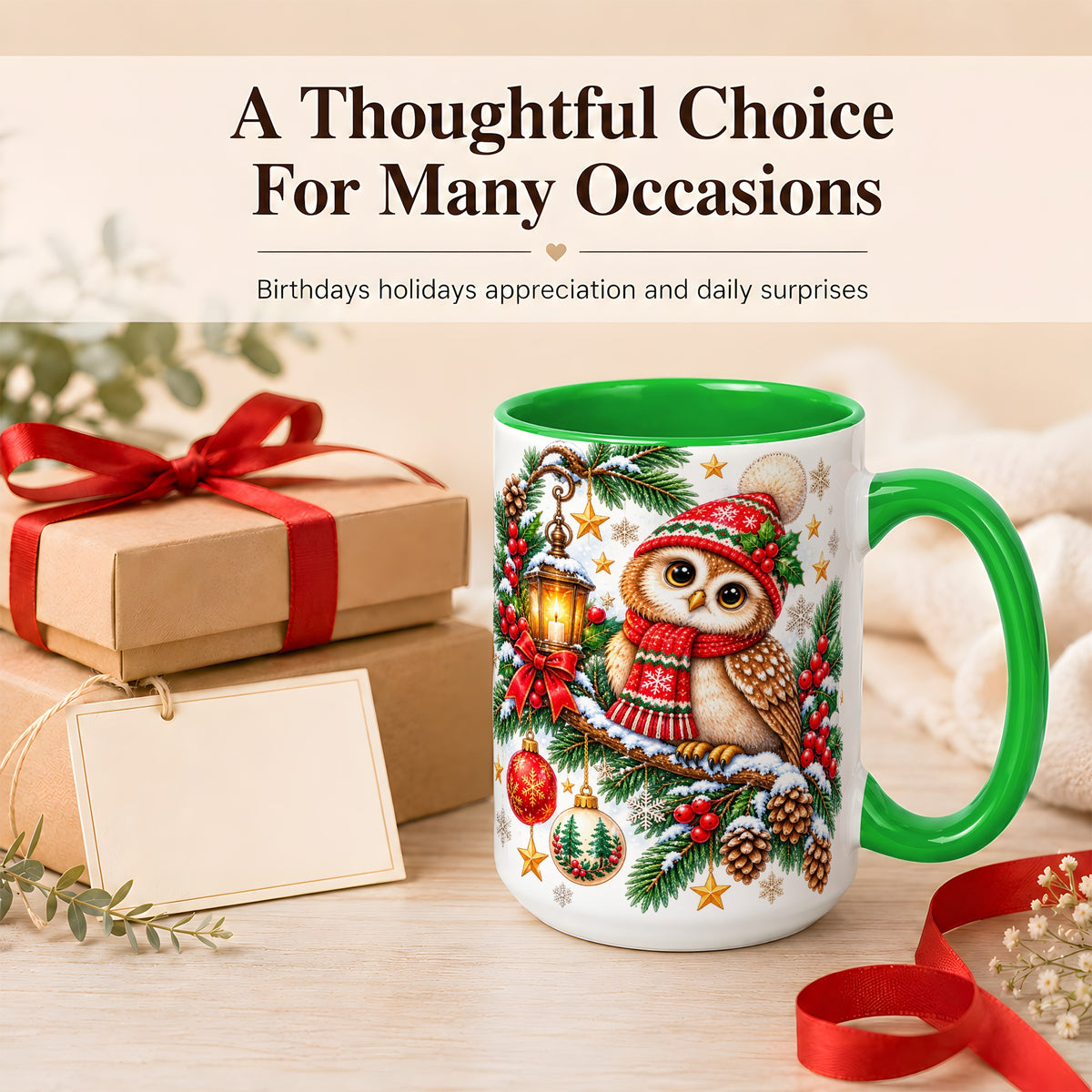 #pl[15oz|Green] Cozy Christmas Owl Coffee Mug, Lantern Owl Mug, Ceramic Cup