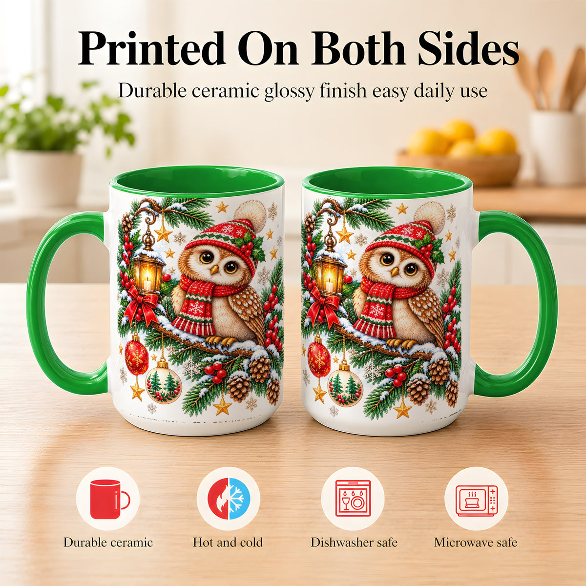 #pl[15oz|Green] Cozy Christmas Owl Coffee Mug, Lantern Owl Mug, Ceramic Cup