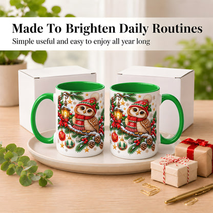 #pl[15oz|Green] Cozy Christmas Owl Coffee Mug, Lantern Owl Mug, Ceramic Cup