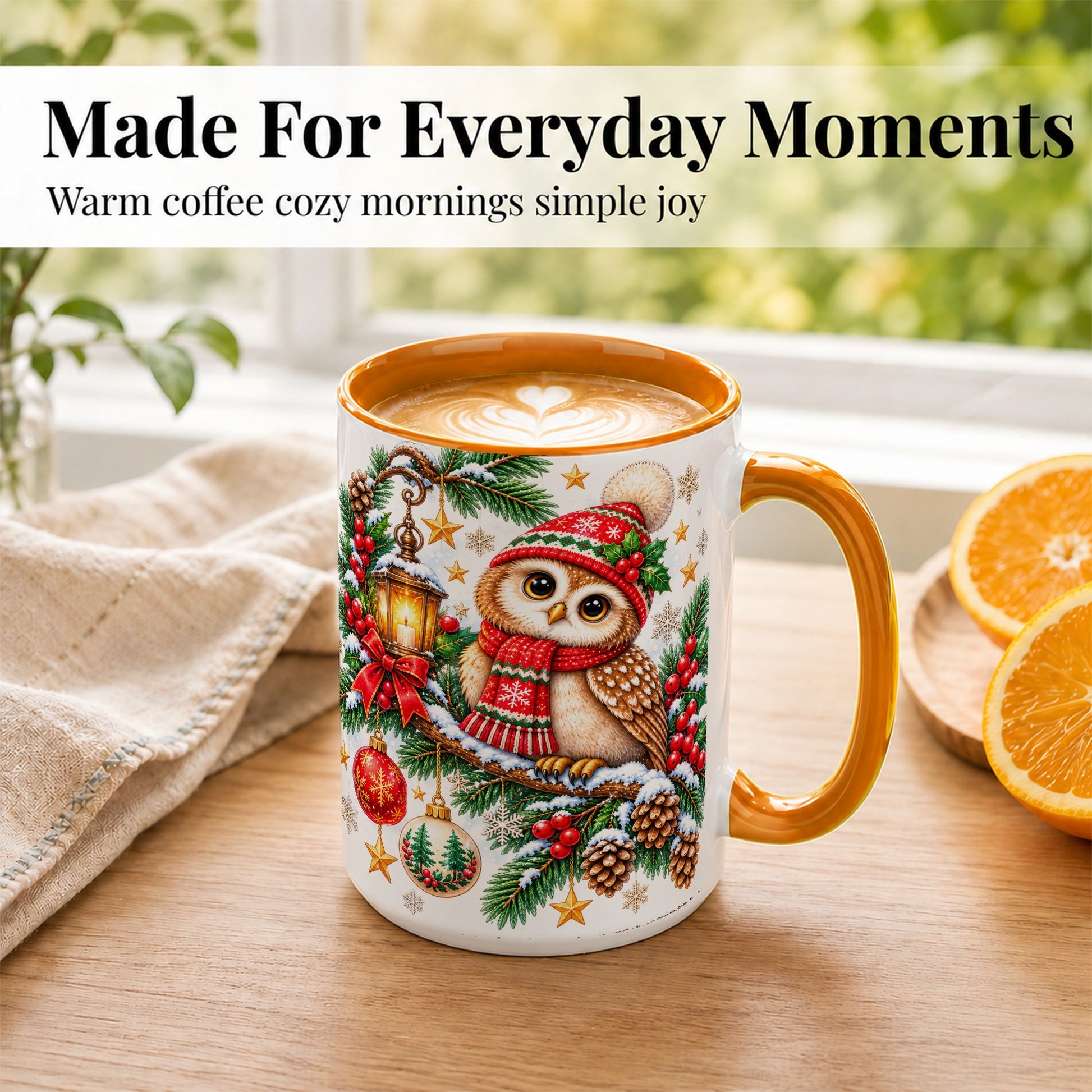 #pl[15oz|Orange] Cozy Christmas Owl Coffee Mug, Lantern Owl Mug, Ceramic Cup