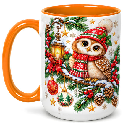 #pl[15oz|Orange] Cozy Christmas Owl Coffee Mug, Lantern Owl Mug, Ceramic Cup