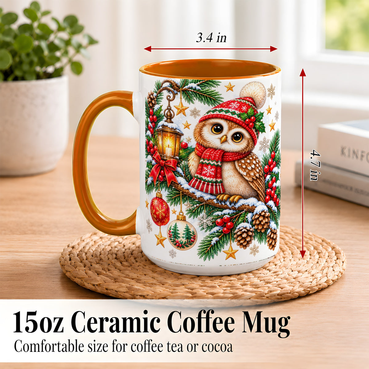 #pl[15oz|Orange] Cozy Christmas Owl Coffee Mug, Lantern Owl Mug, Ceramic Cup