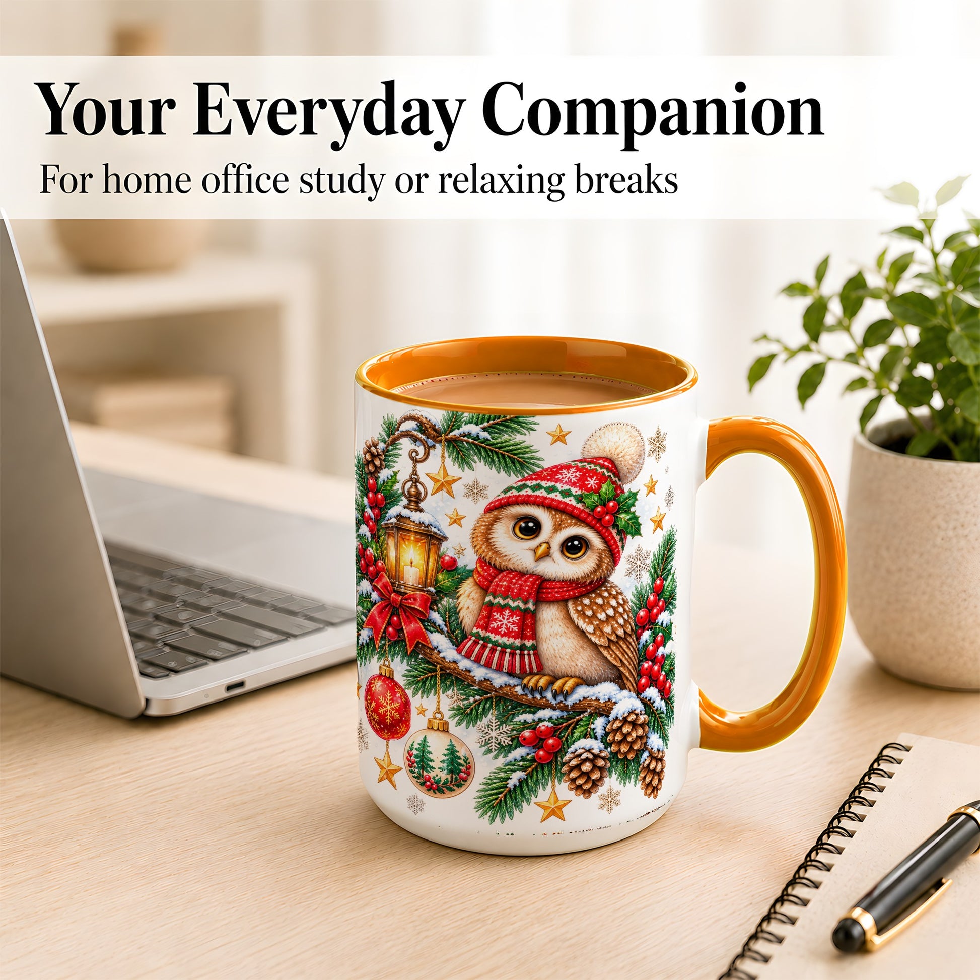 #pl[15oz|Orange] Cozy Christmas Owl Coffee Mug, Lantern Owl Mug, Ceramic Cup