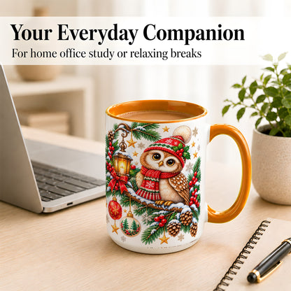 #pl[15oz|Orange] Cozy Christmas Owl Coffee Mug, Lantern Owl Mug, Ceramic Cup