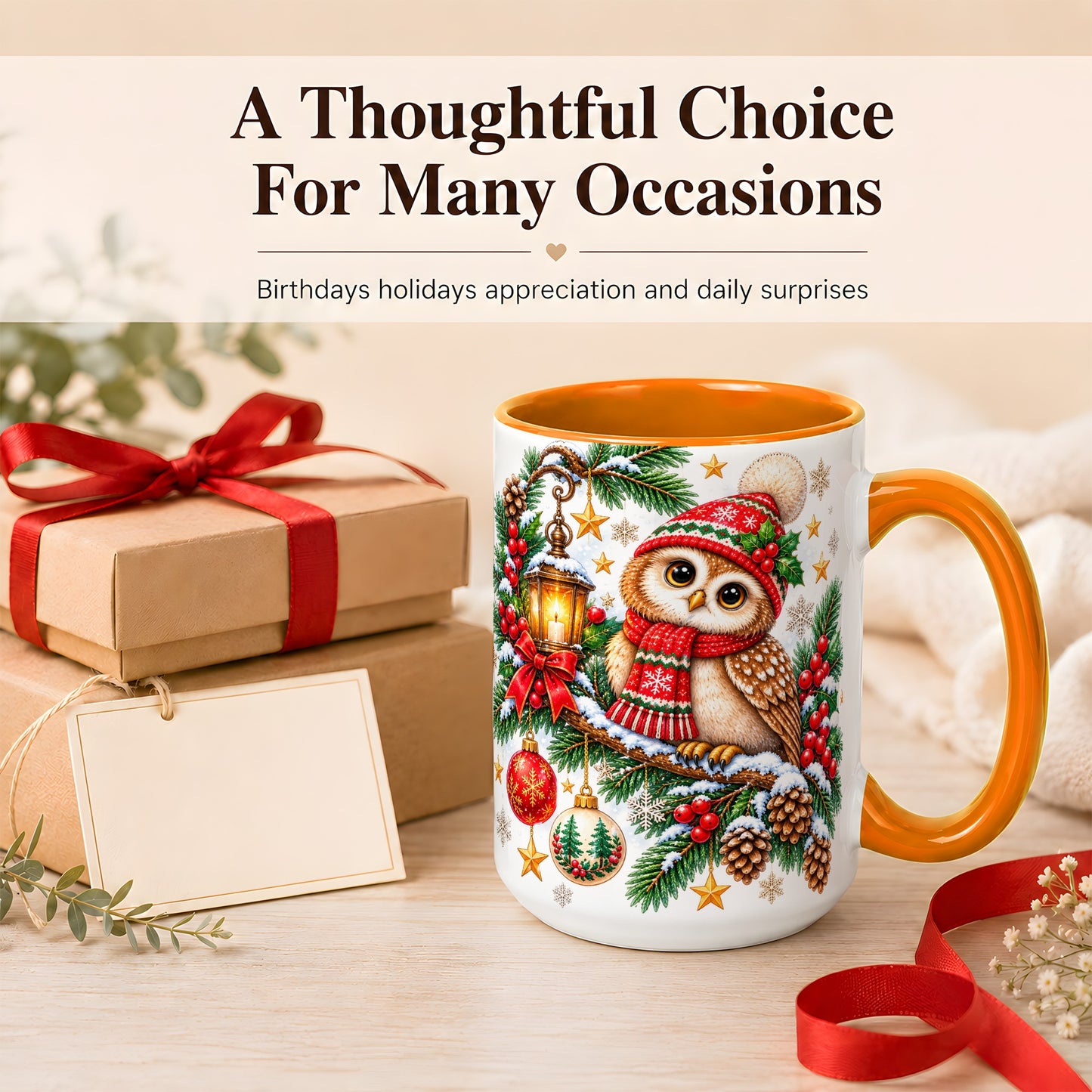 #pl[15oz|Orange] Cozy Christmas Owl Coffee Mug, Lantern Owl Mug, Ceramic Cup