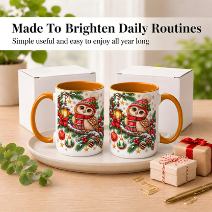 #pl[15oz|Orange] Cozy Christmas Owl Coffee Mug, Lantern Owl Mug, Ceramic Cup