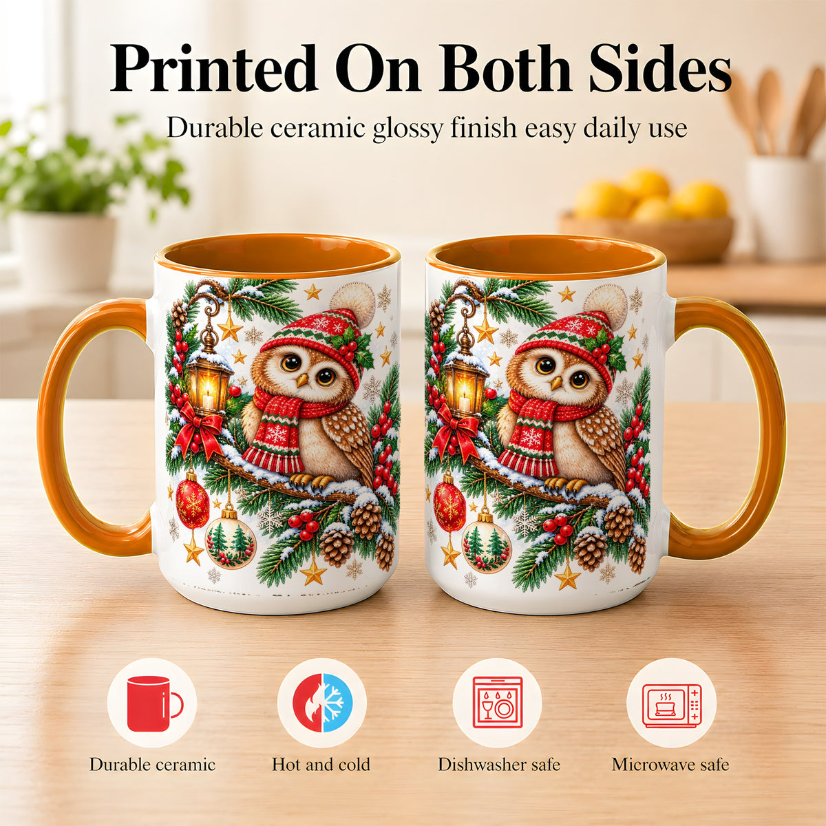 #pl[15oz|Orange] Cozy Christmas Owl Coffee Mug, Lantern Owl Mug, Ceramic Cup