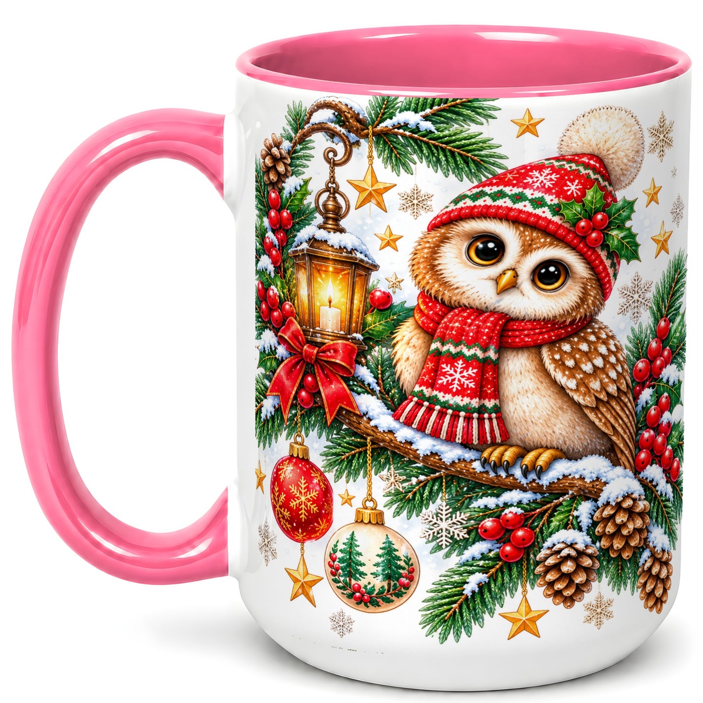 #pl[15oz|Pink] Cozy Christmas Owl Coffee Mug, Lantern Owl Mug, Ceramic Cup