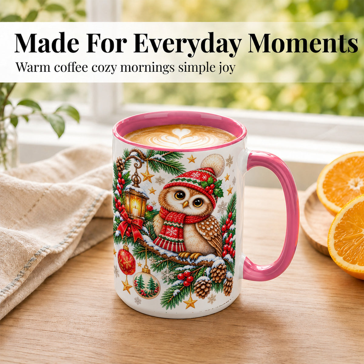#pl[15oz|Pink] Cozy Christmas Owl Coffee Mug, Lantern Owl Mug, Ceramic Cup