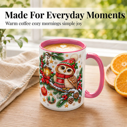 #pl[15oz|Pink] Cozy Christmas Owl Coffee Mug, Lantern Owl Mug, Ceramic Cup