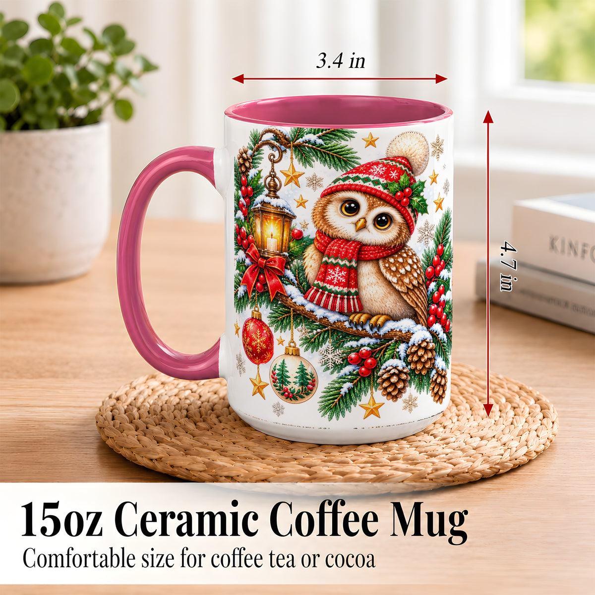#pl[15oz|Pink] Cozy Christmas Owl Coffee Mug, Lantern Owl Mug, Ceramic Cup