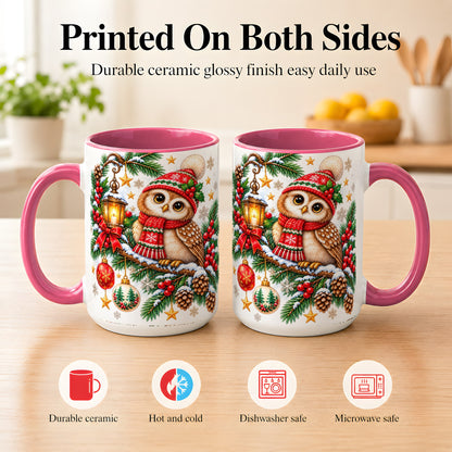 #pl[15oz|Pink] Cozy Christmas Owl Coffee Mug, Lantern Owl Mug, Ceramic Cup