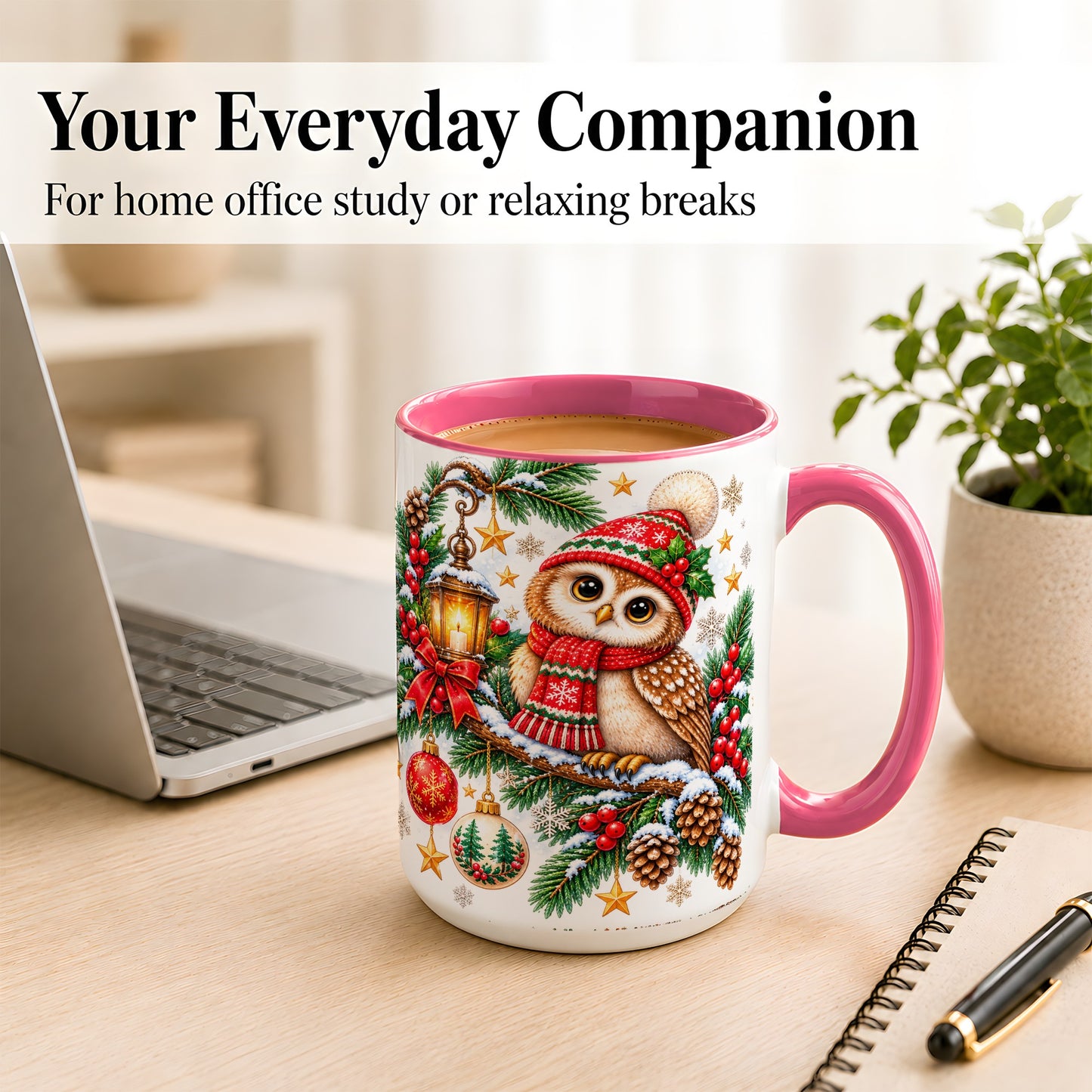 #pl[15oz|Pink] Cozy Christmas Owl Coffee Mug, Lantern Owl Mug, Ceramic Cup