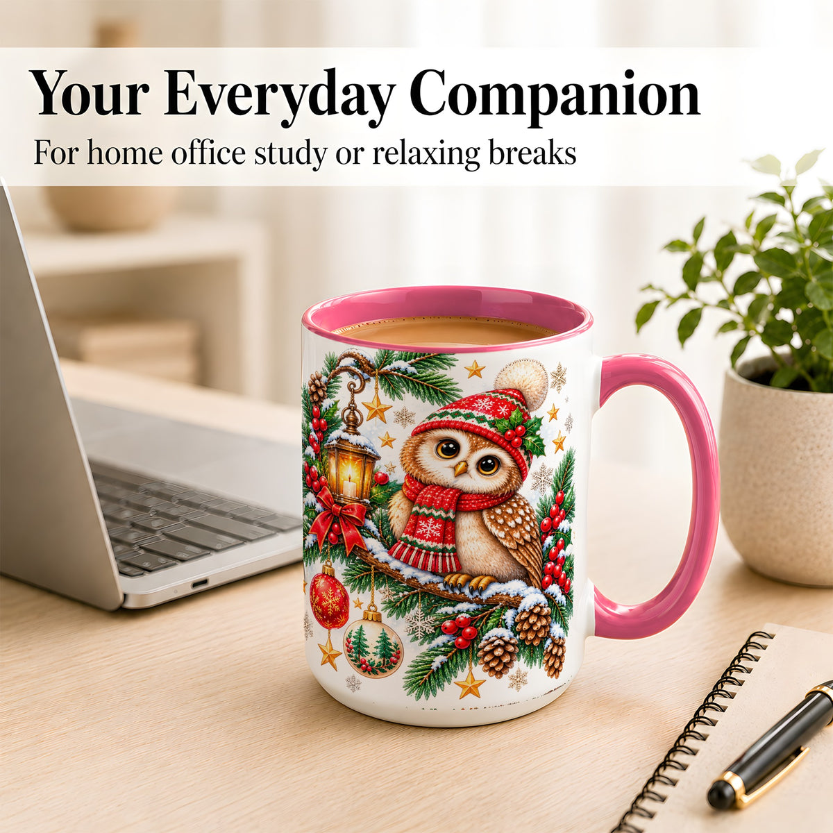 #pl[15oz|Pink] Cozy Christmas Owl Coffee Mug, Lantern Owl Mug, Ceramic Cup