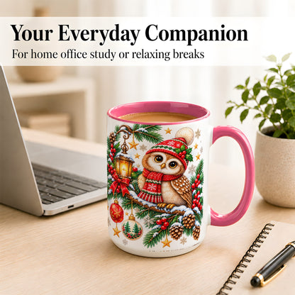 #pl[15oz|Pink] Cozy Christmas Owl Coffee Mug, Lantern Owl Mug, Ceramic Cup