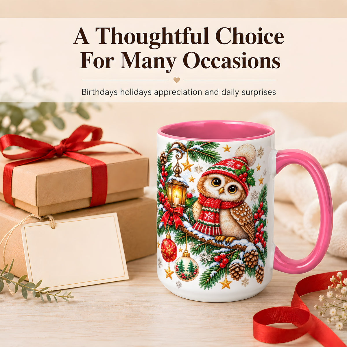 #pl[15oz|Pink] Cozy Christmas Owl Coffee Mug, Lantern Owl Mug, Ceramic Cup