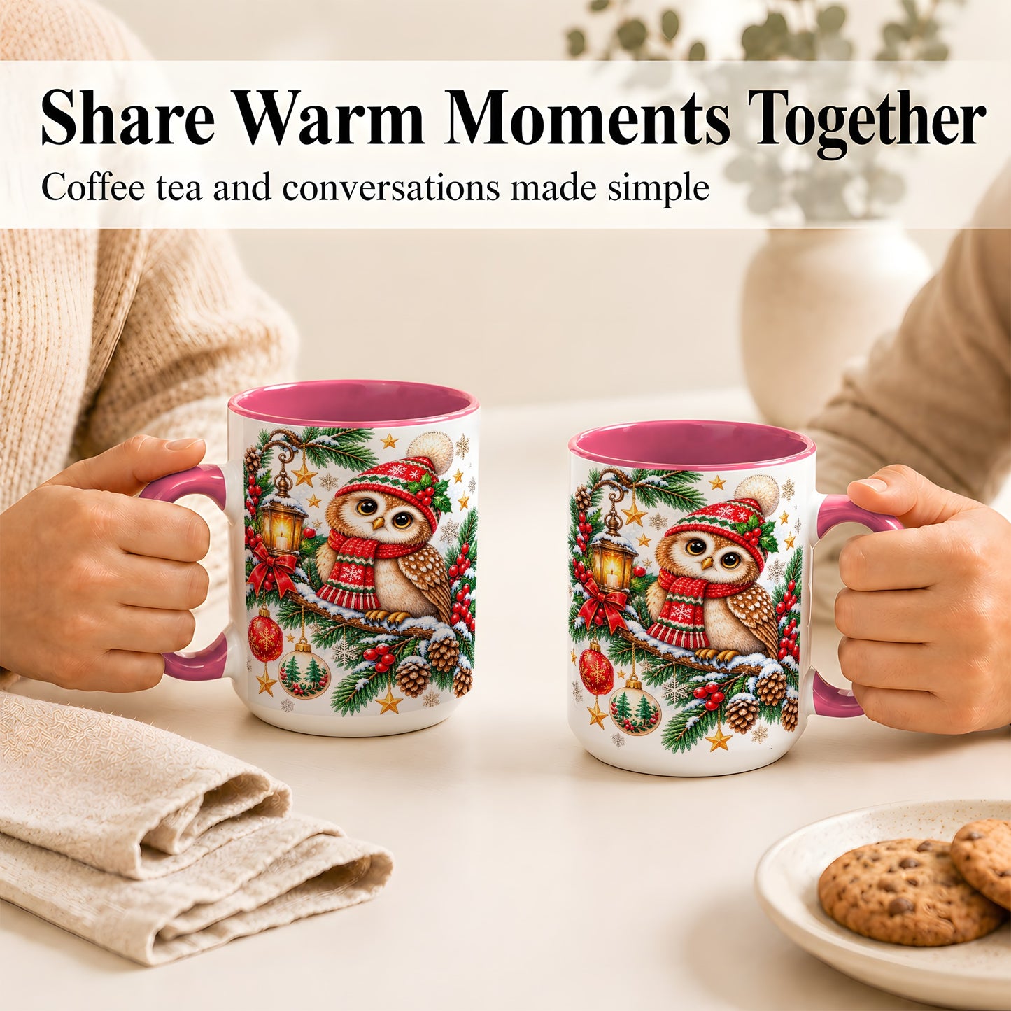 #pl[15oz|Pink] Cozy Christmas Owl Coffee Mug, Lantern Owl Mug, Ceramic Cup