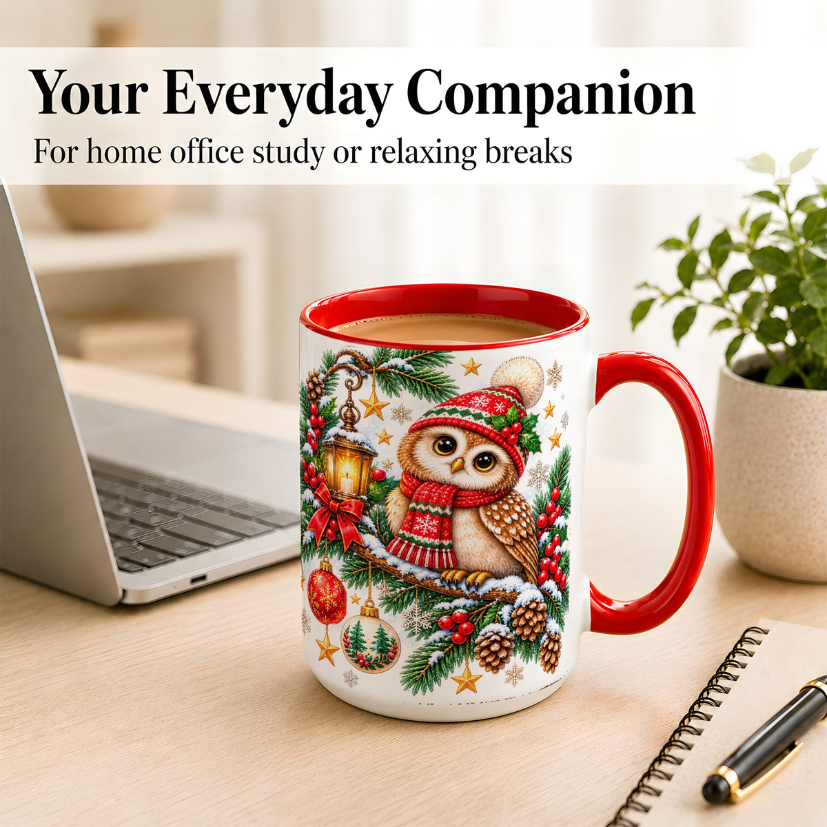 #pl[15oz|Red] Cozy Christmas Owl Coffee Mug, Lantern Owl Mug, Ceramic Cup