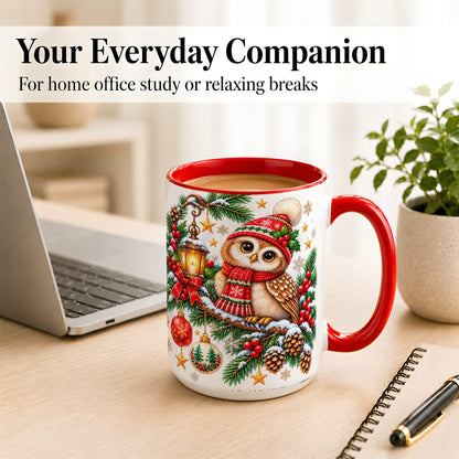 #pl[15oz|Red] Cozy Christmas Owl Coffee Mug, Lantern Owl Mug, Ceramic Cup