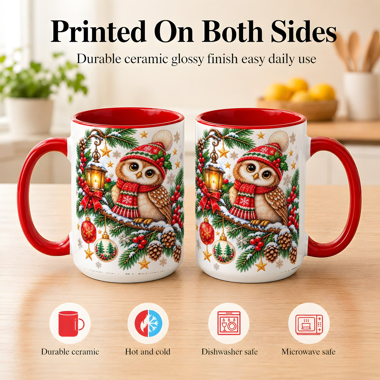 #pl[15oz|Red] Cozy Christmas Owl Coffee Mug, Lantern Owl Mug, Ceramic Cup