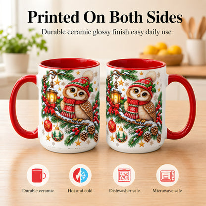 #pl[15oz|Red] Cozy Christmas Owl Coffee Mug, Lantern Owl Mug, Ceramic Cup