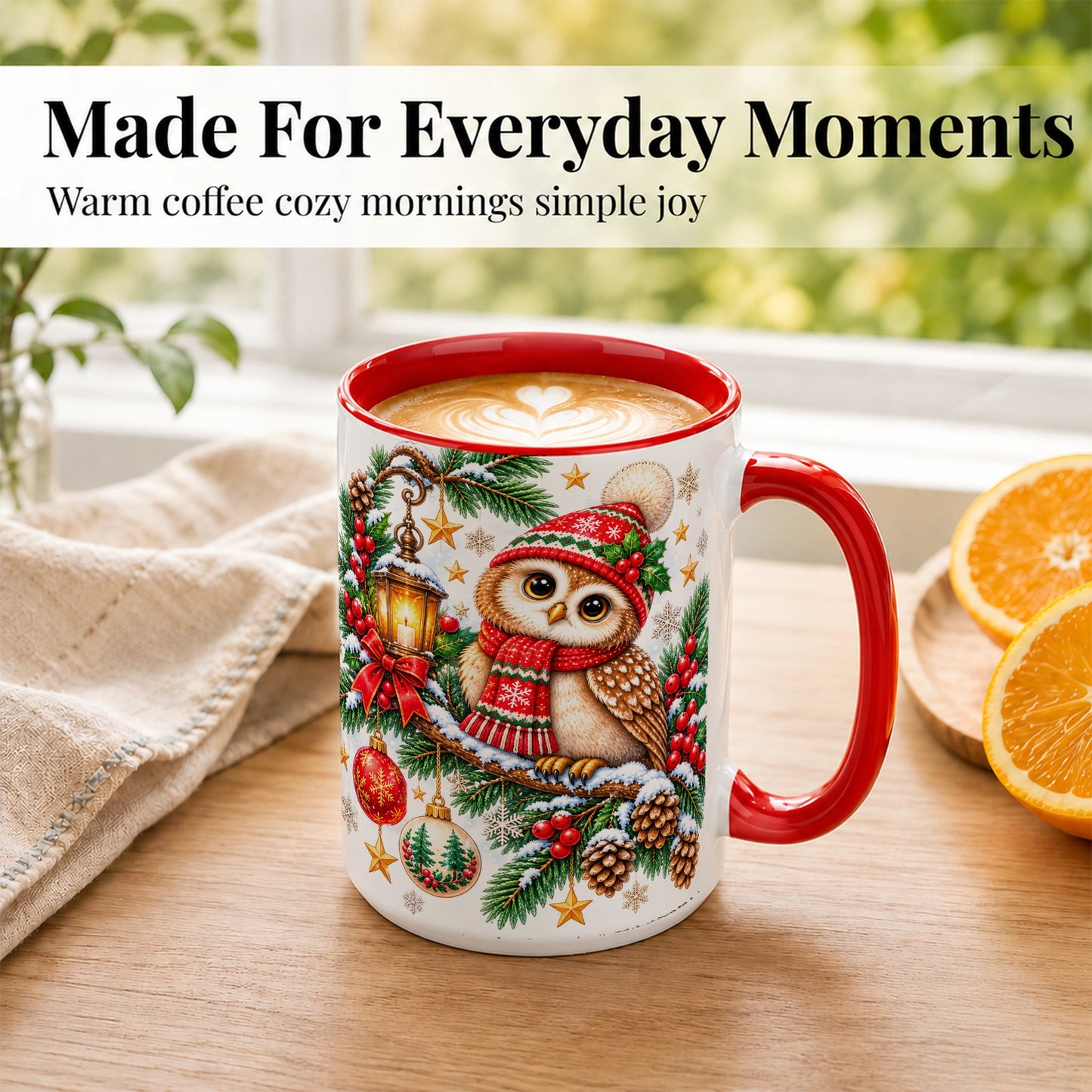 #pl[15oz|Red] Cozy Christmas Owl Coffee Mug, Lantern Owl Mug, Ceramic Cup