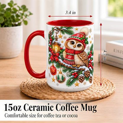 #pl[15oz|Red] Cozy Christmas Owl Coffee Mug, Lantern Owl Mug, Ceramic Cup