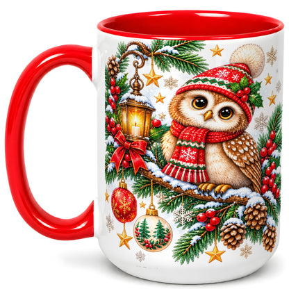 #pl[15oz|Red] Cozy Christmas Owl Coffee Mug, Lantern Owl Mug, Ceramic Cup