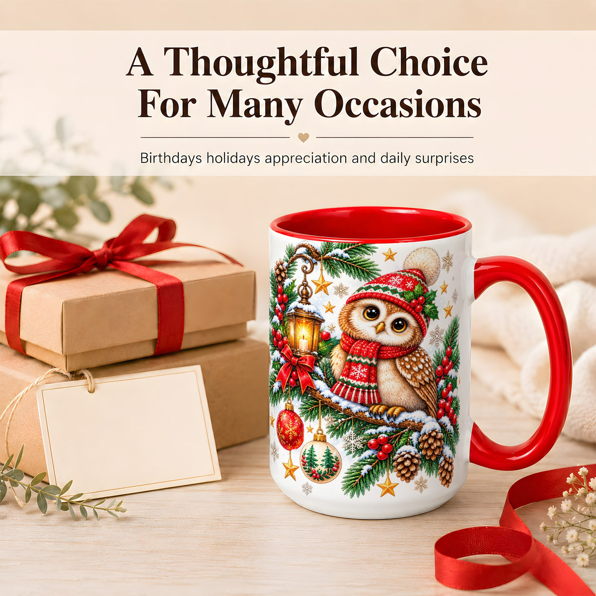#pl[15oz|Red] Cozy Christmas Owl Coffee Mug, Lantern Owl Mug, Ceramic Cup