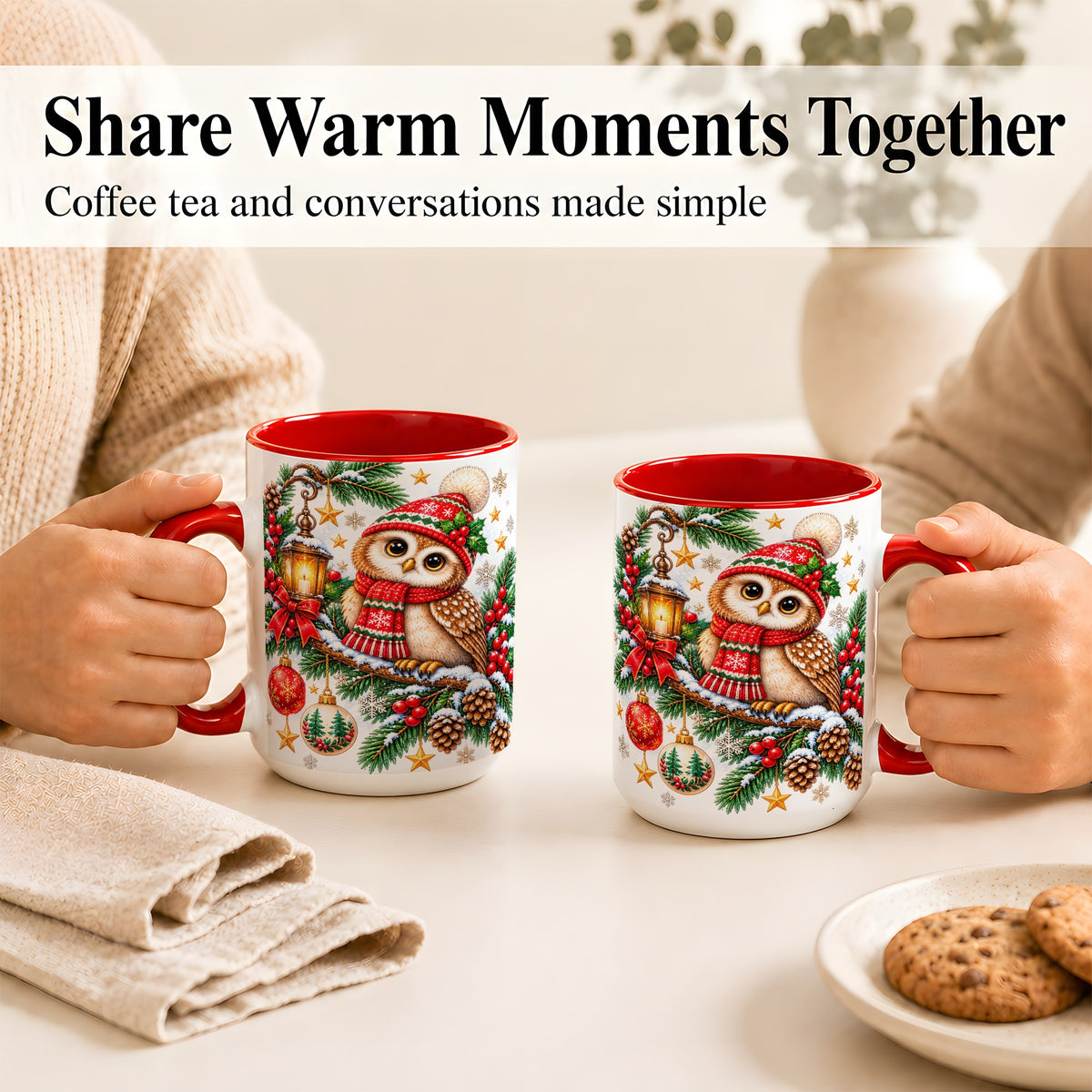 #pl[15oz|Red] Cozy Christmas Owl Coffee Mug, Lantern Owl Mug, Ceramic Cup