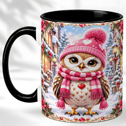 #pl[11oz|Black] Pink Winter Owl Coffee Mug, Heart Christmas Owl Mug, Ceramic Cup